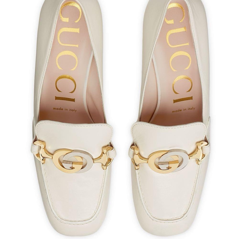 Gucci Women's Ivory Loafers with Gold Detailing